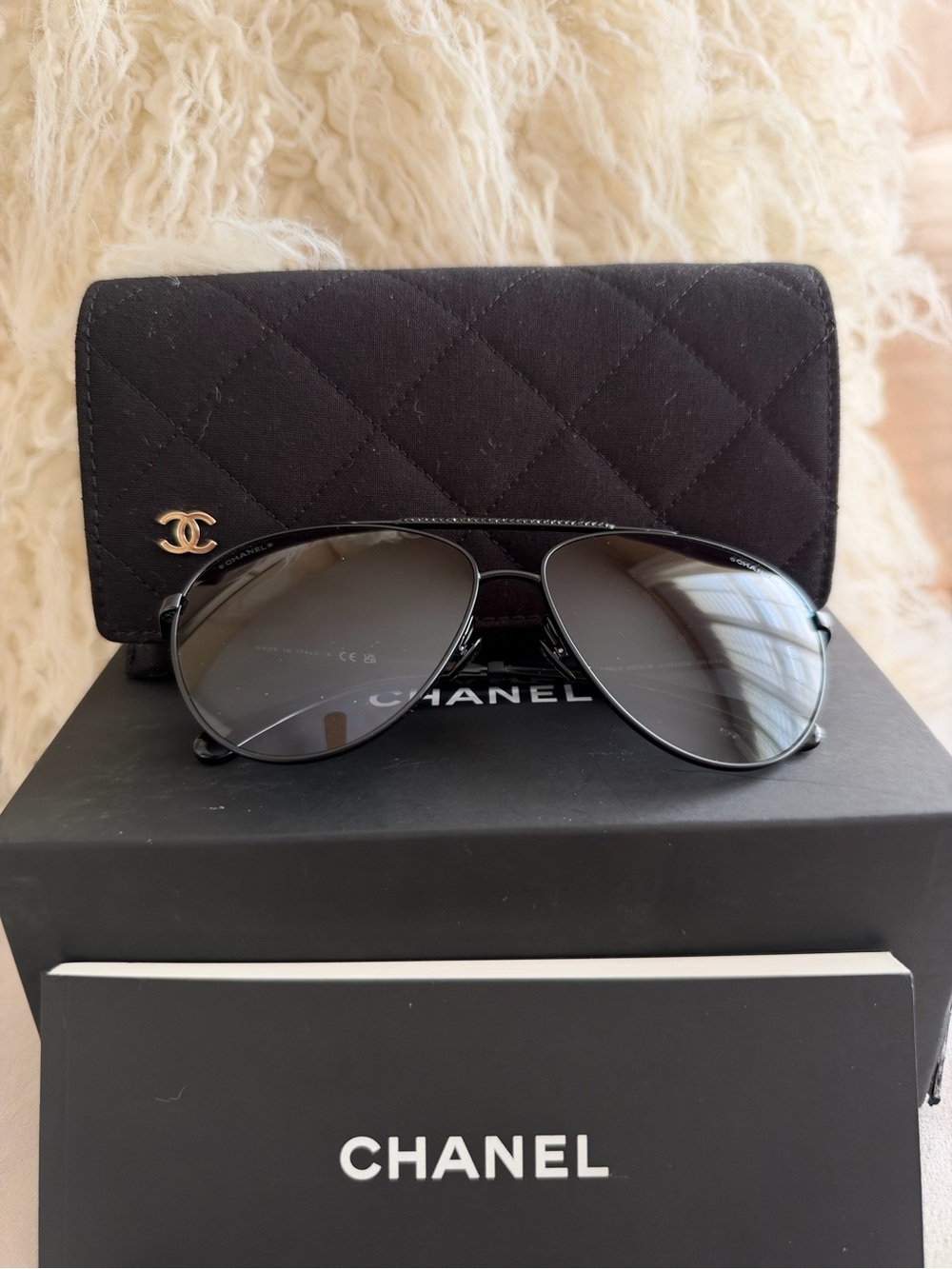 CHANEL Black Aviator Sunglasses with Crystal Bridge Detail